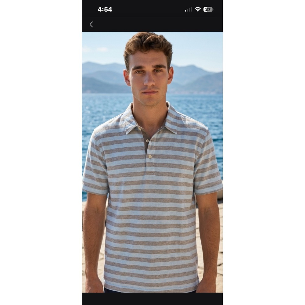 Orvis Mens Large Blue Tan Striped Short Sleeve Pique Polo Shirt Made in Peru